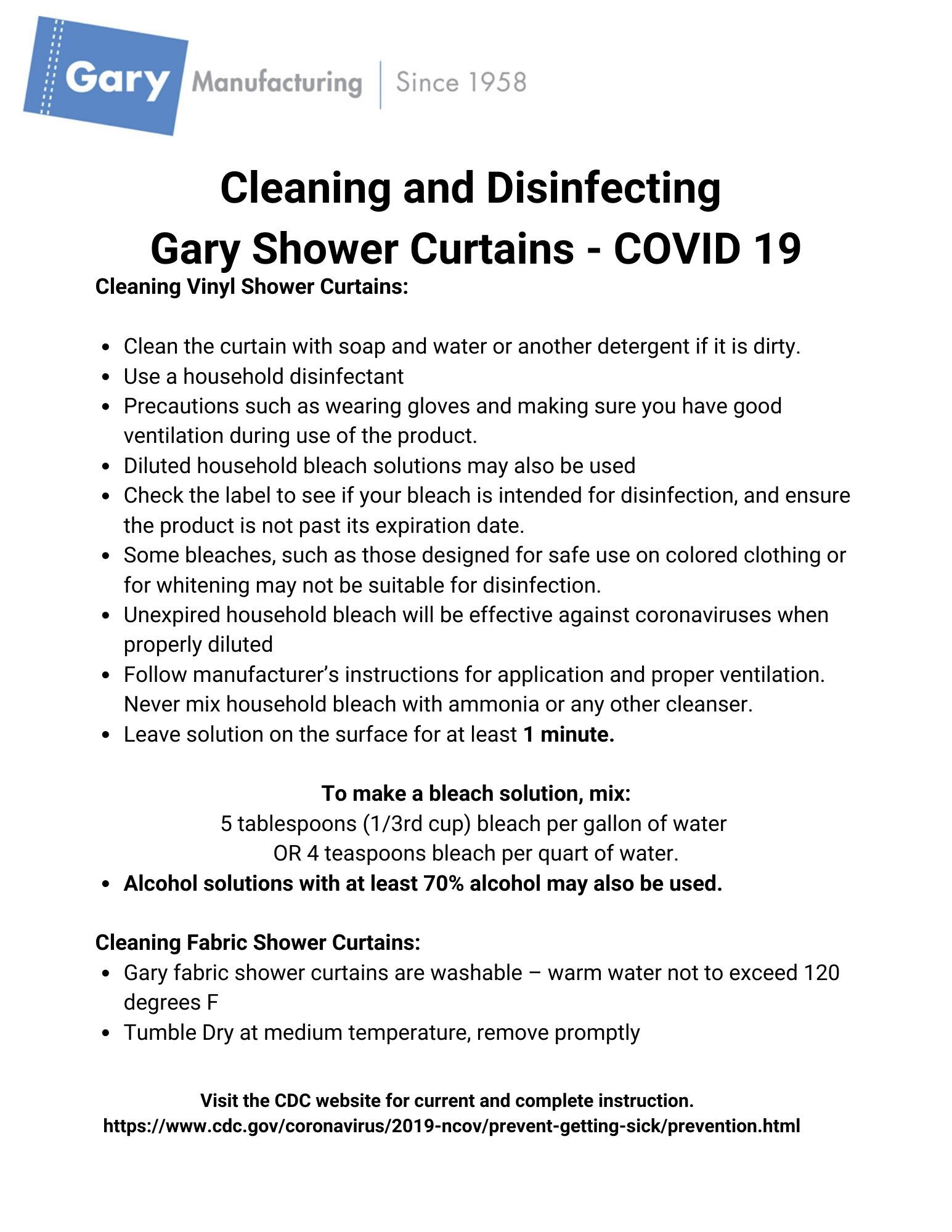 Cleaning and Disinfecting Shower Curtains COVID 19 Gary Manufacturing