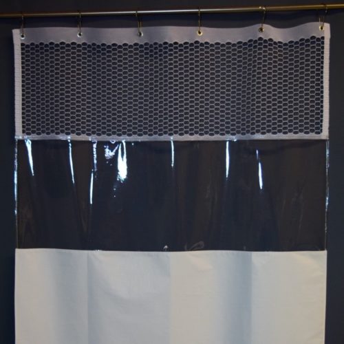 Shower curtain for correctional facility with mesh window and vinyl see through section